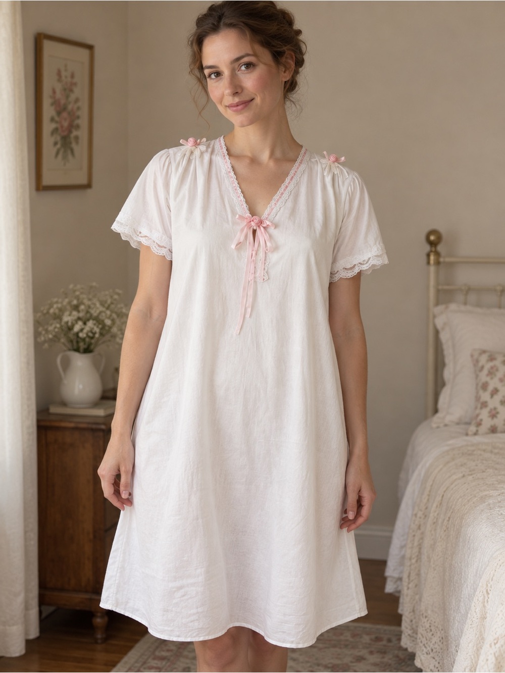 Vintage Chance Encounters Cotton Nightgown White Pink Rosette Lace Ribbon Size P